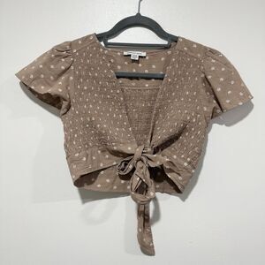 American Eagle Tan Smocked Fairy Floral Print Front Tie Cropped Top Size Small